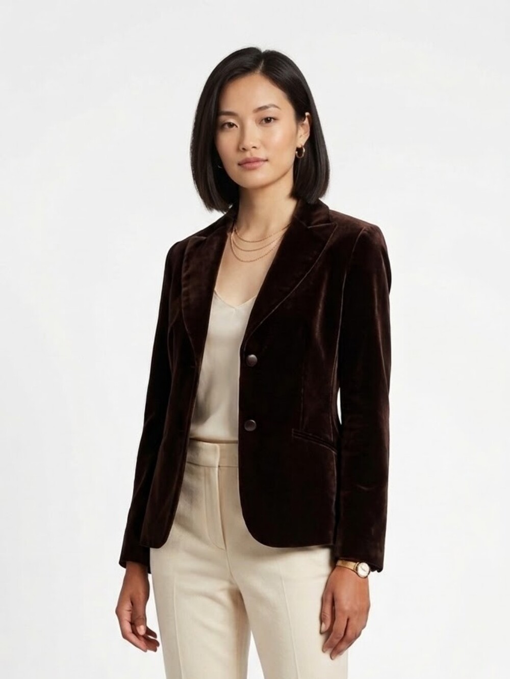 Women's Dark Brown Velvet Fitted Blazer Jacket Chic Fall Fashion Preppy Vintage